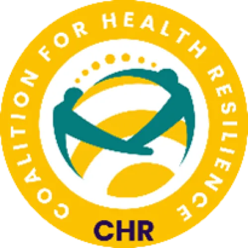 the logo for the coalition for health resilience. It is yellow with coalition for health resilience written in white, and CHR at the bottom. 