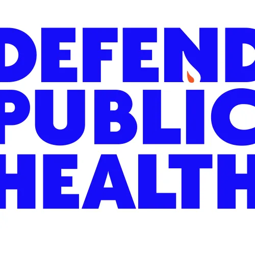 Defend Public Health logo, white background with blue writing