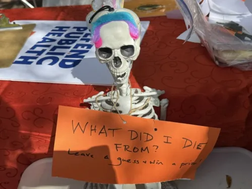 A skeleton holding a sign reading, "What did I die from?" Behind it is a Defend Public Health sign